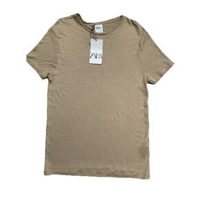 ZARA Shirt Mens Large Short Sleeve Soft Knit Blend Beige Slim Fit Casual Stretch